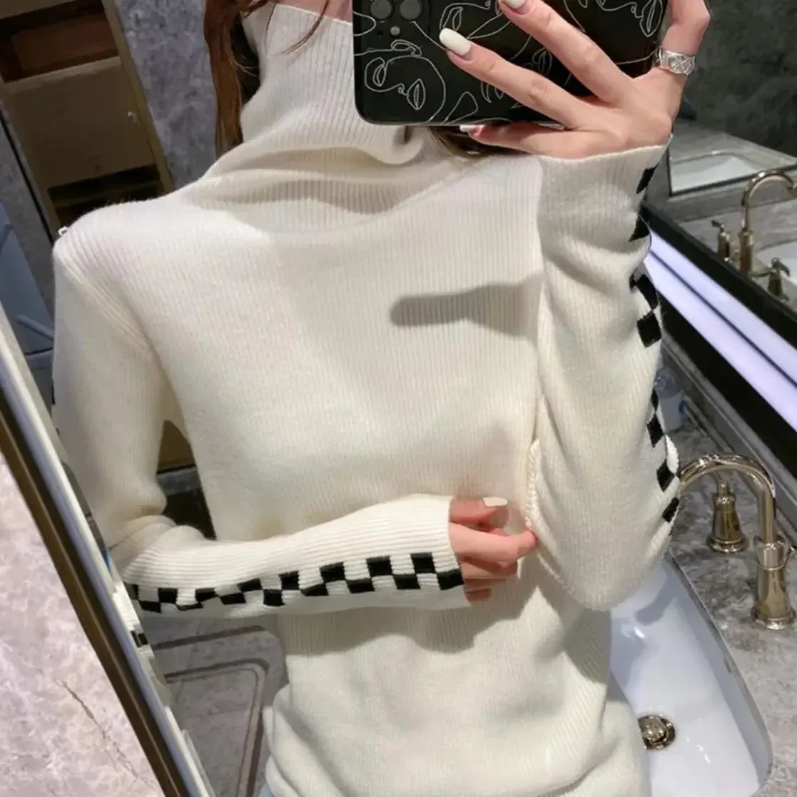 Flag Check Sleeve Design Black Turtleneck Sweaters - Ailime Designs