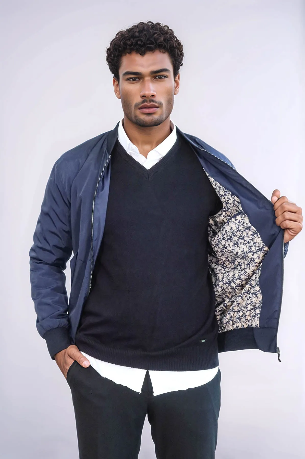 Flap Pockets Zippered Blue Men Bomber Coat - Wessi