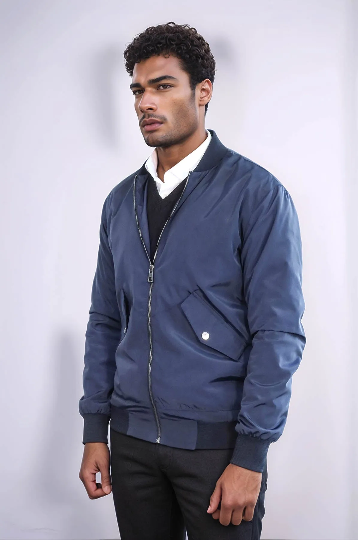 Flap Pockets Zippered Blue Men Bomber Coat - Wessi
