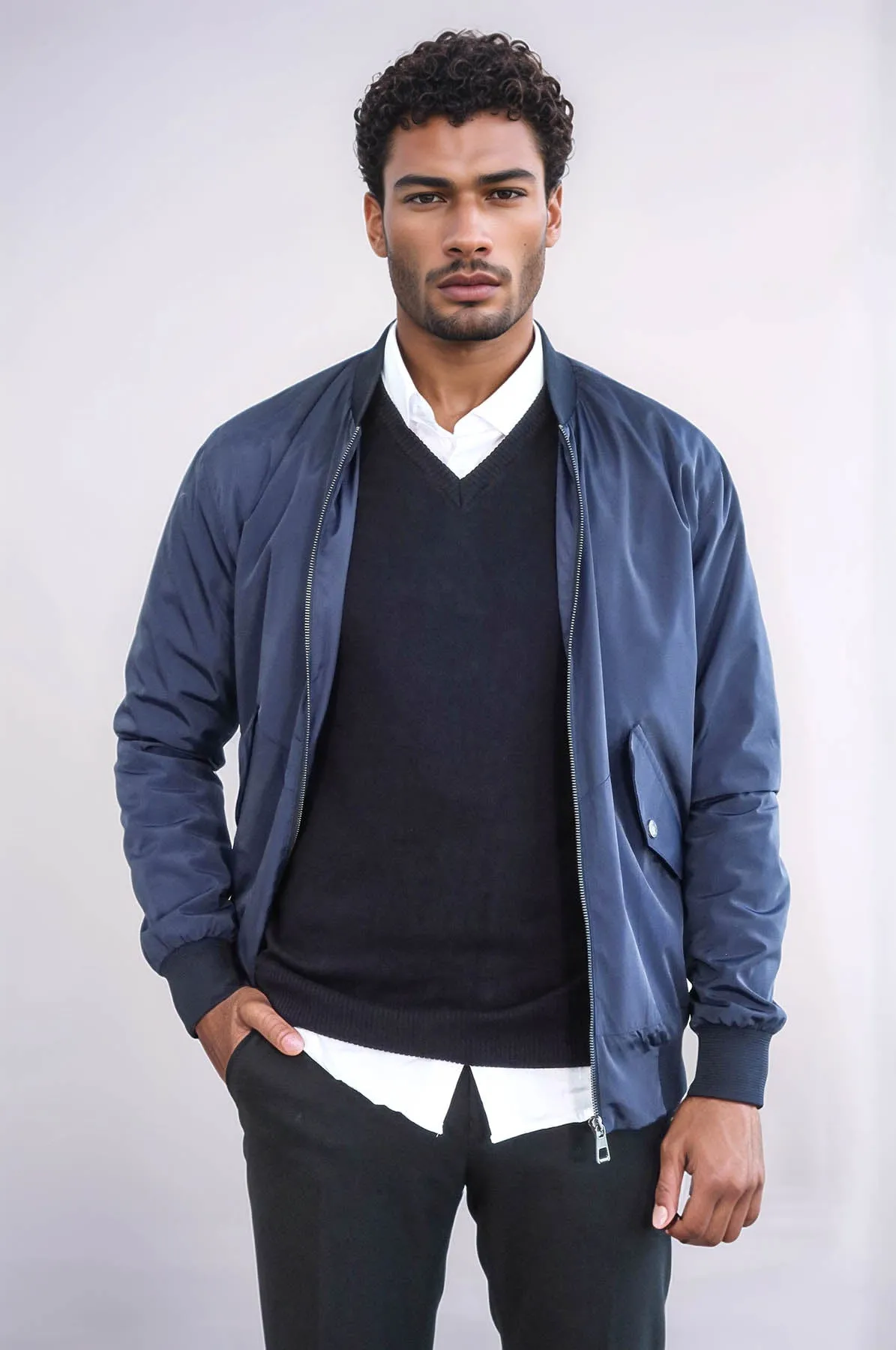 Flap Pockets Zippered Blue Men Bomber Coat - Wessi