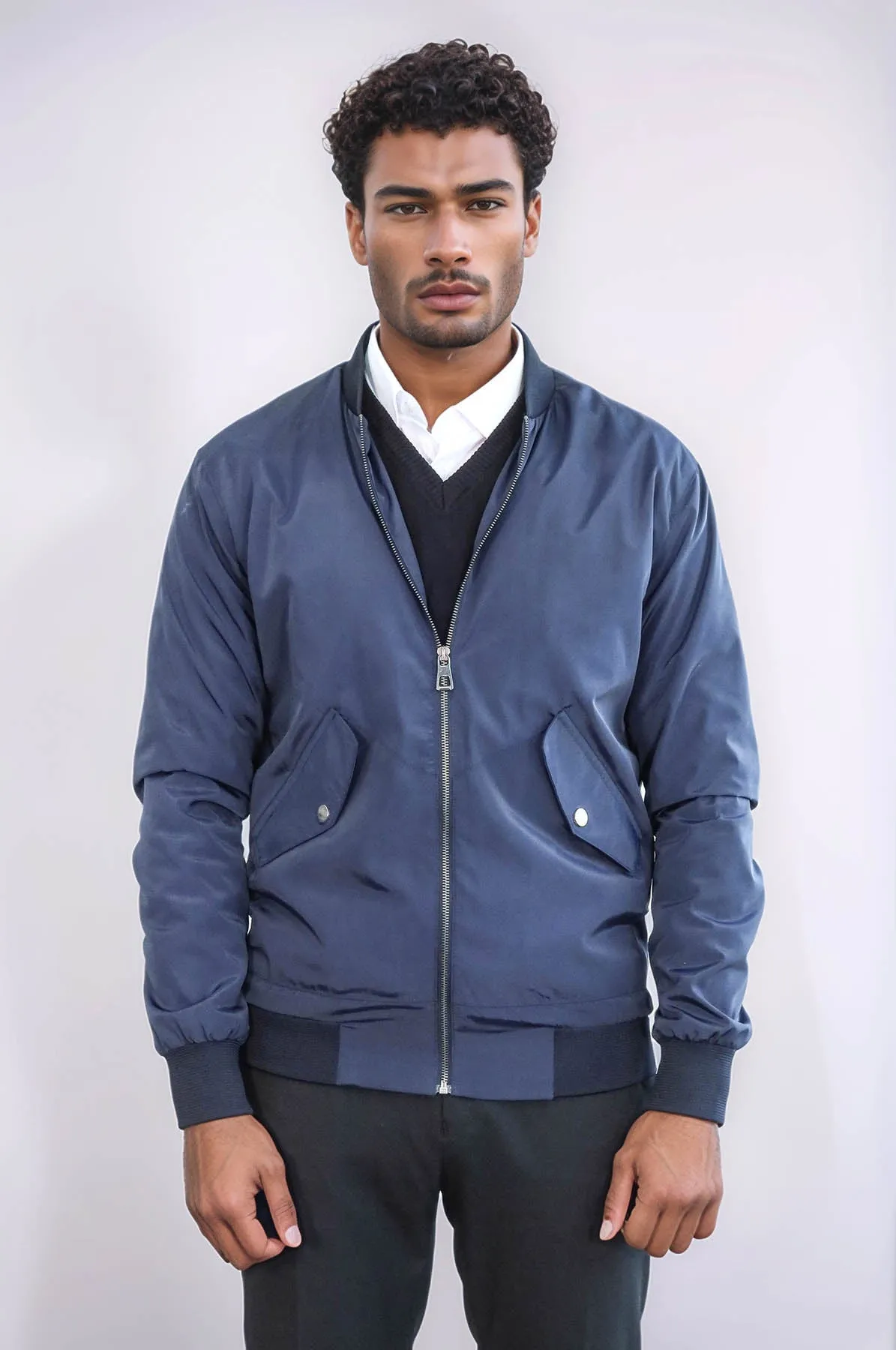 Flap Pockets Zippered Blue Men Bomber Coat - Wessi