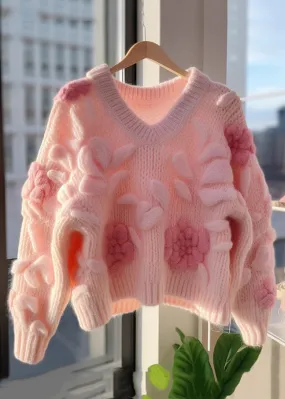 Floral Pink V Neck Original Design Knit Cardigans Fall QV060