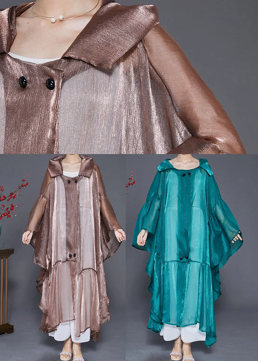 Fluorescent Green Loose Silk UPF 50  Cardigans Hooded Batwing Sleeve