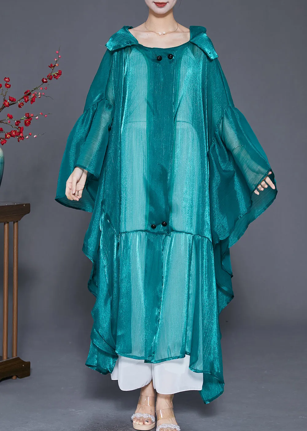 Fluorescent Green Loose Silk UPF 50  Cardigans Hooded Batwing Sleeve