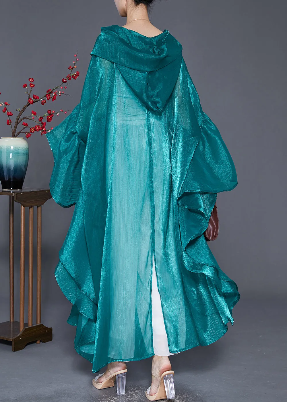 Fluorescent Green Loose Silk UPF 50  Cardigans Hooded Batwing Sleeve