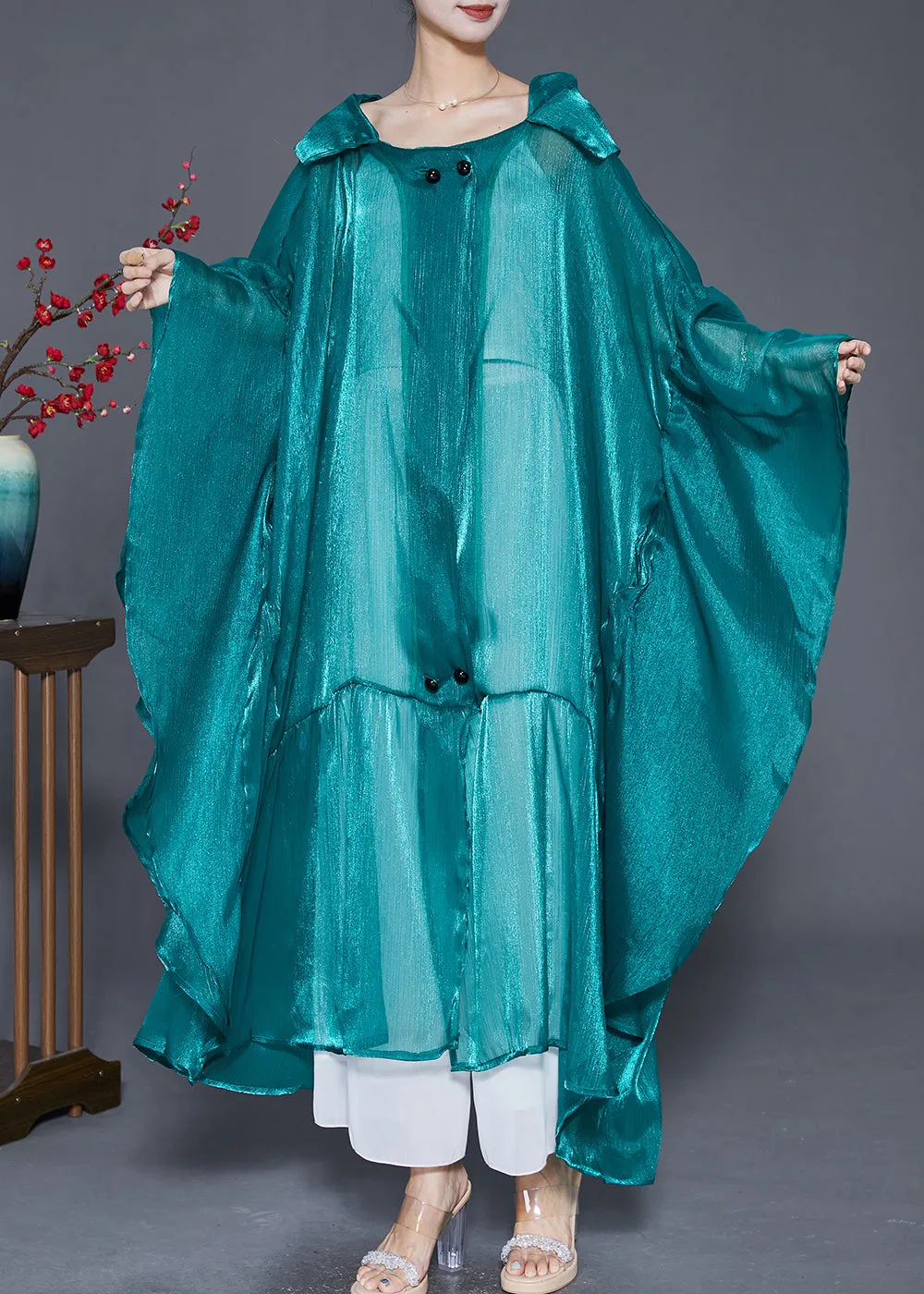 Fluorescent Green Loose Silk UPF 50  Cardigans Hooded Batwing Sleeve
