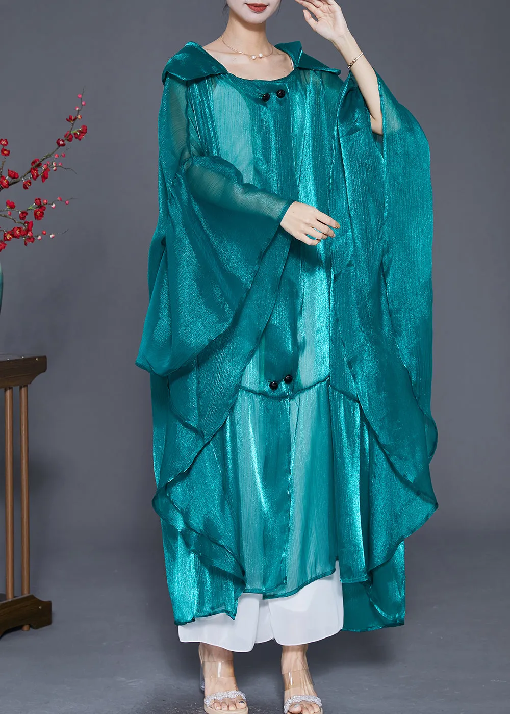 Fluorescent Green Loose Silk UPF 50  Cardigans Hooded Batwing Sleeve