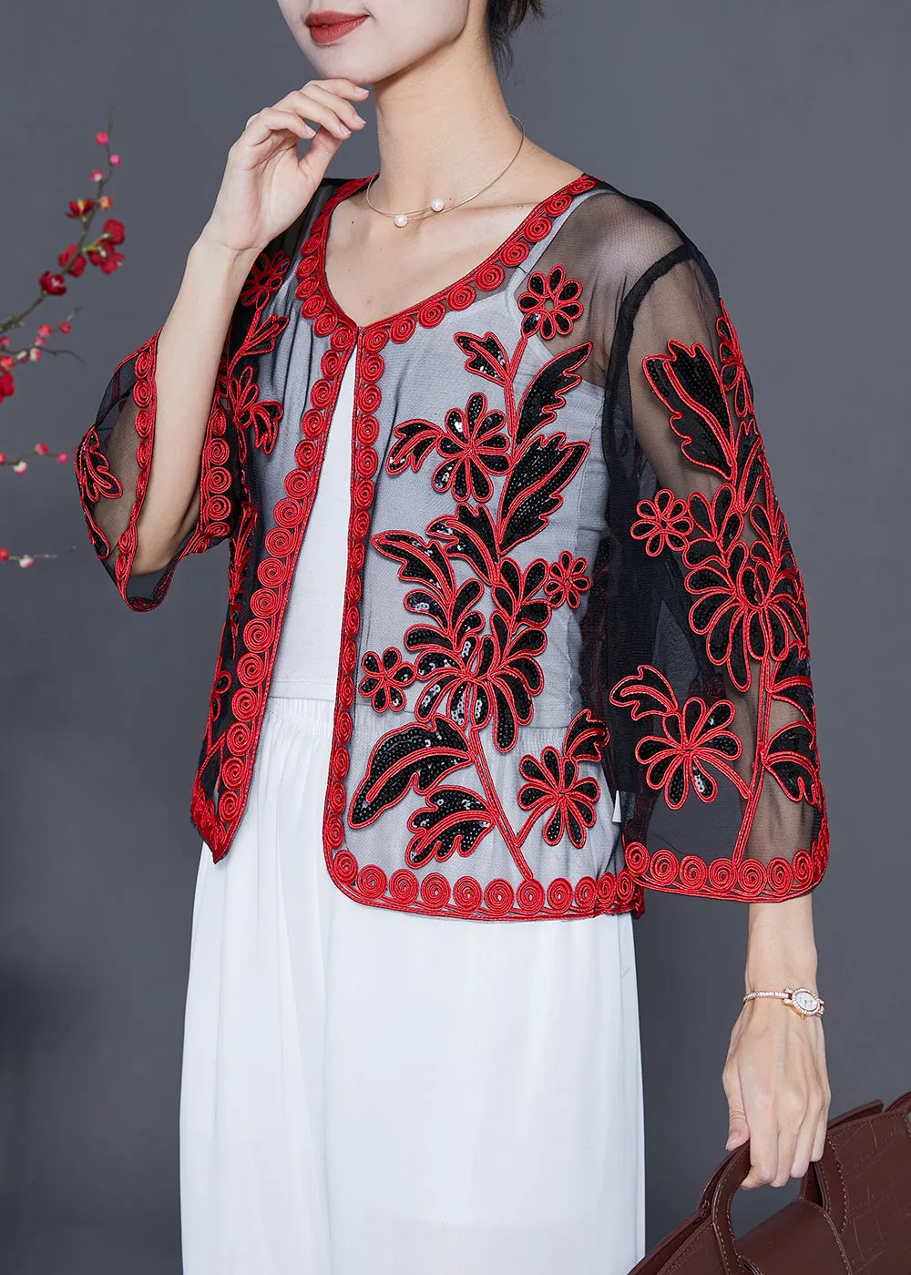 French Red Sequins Embroideried Tulle Loose Cardigan Summer LY5540