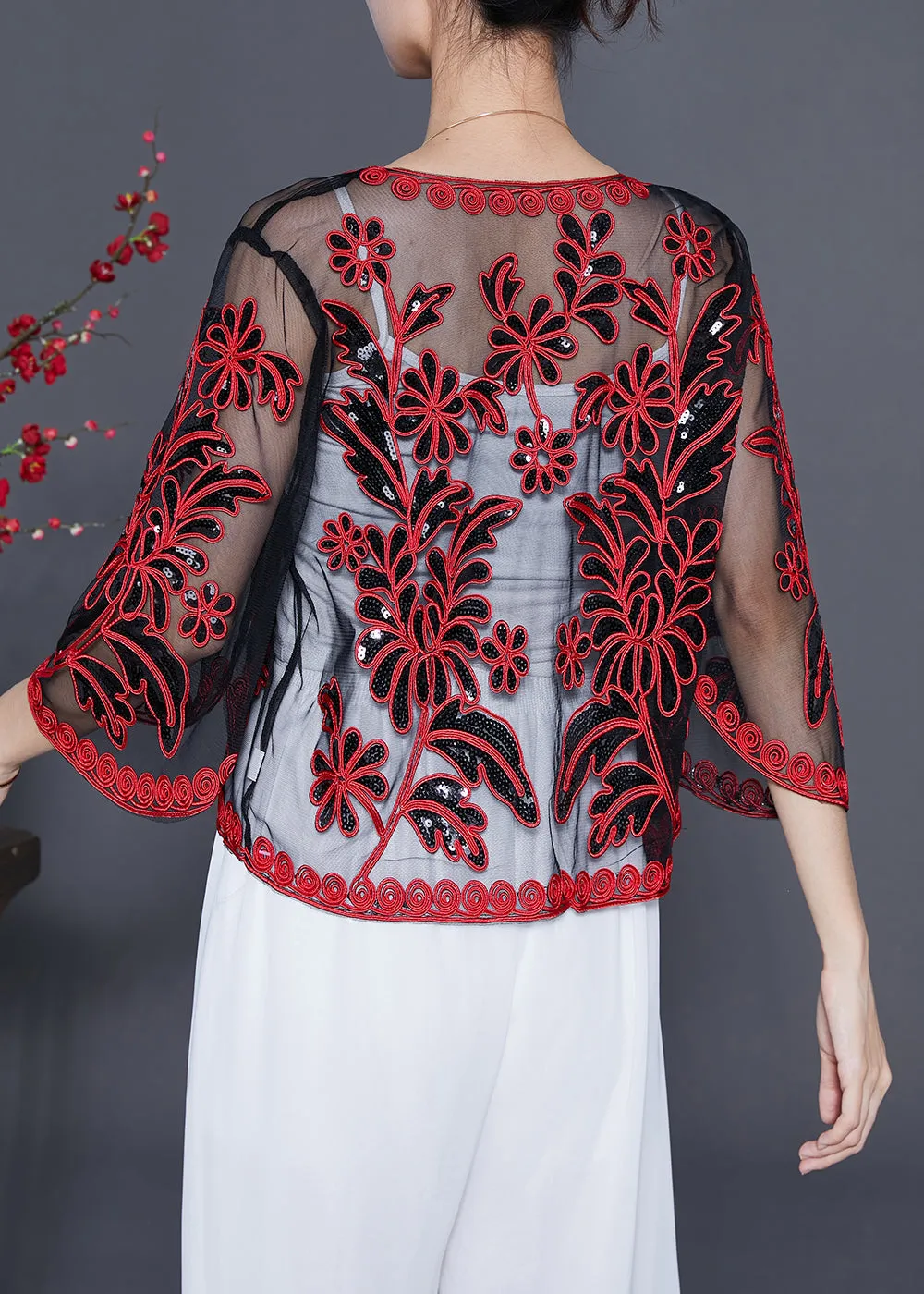 French Red Sequins Embroideried Tulle Loose Cardigan Summer LY5540