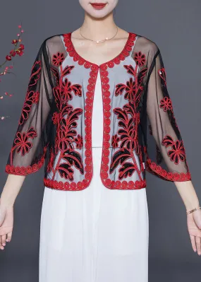 French Red Sequins Embroideried Tulle Loose Cardigan Summer LY5540