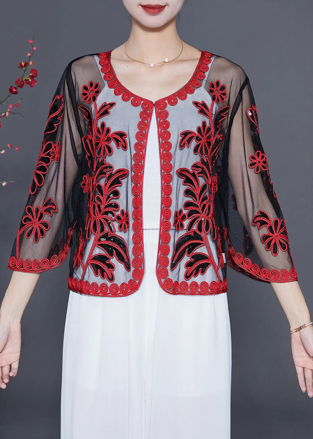 French Red Sequins Embroideried Tulle Loose Cardigan Summer LY5540