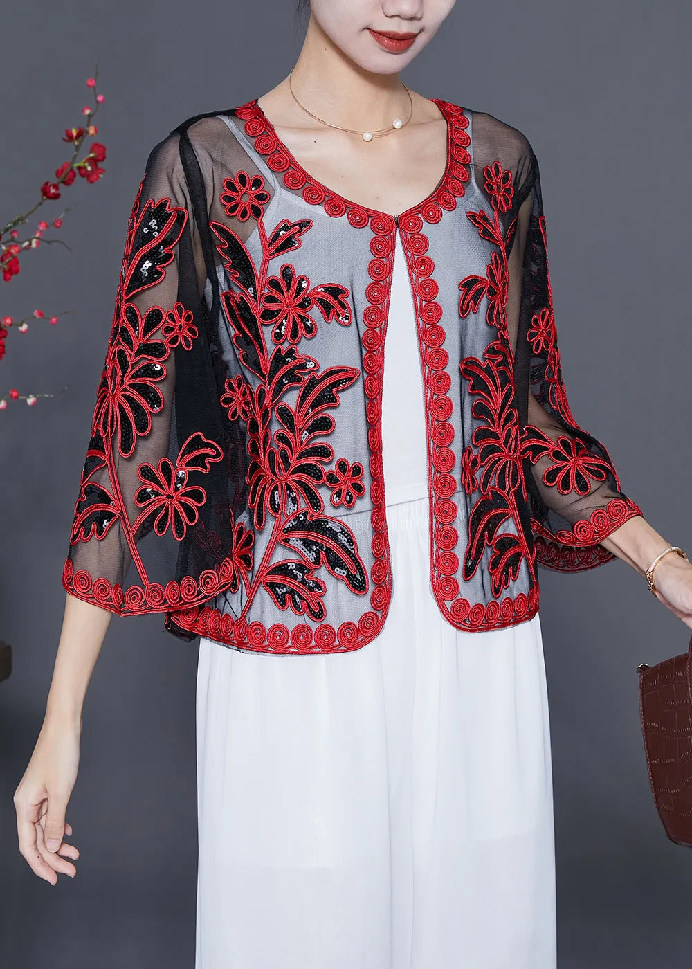 French Red Sequins Embroideried Tulle Loose Cardigan Summer LY5540