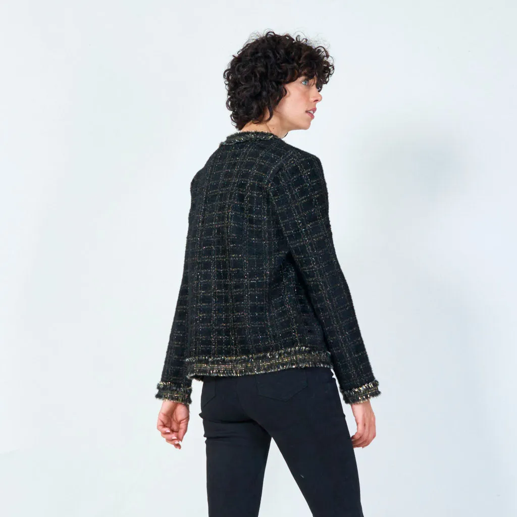 Fringed plaid cardigan with pearl buttons wholesale