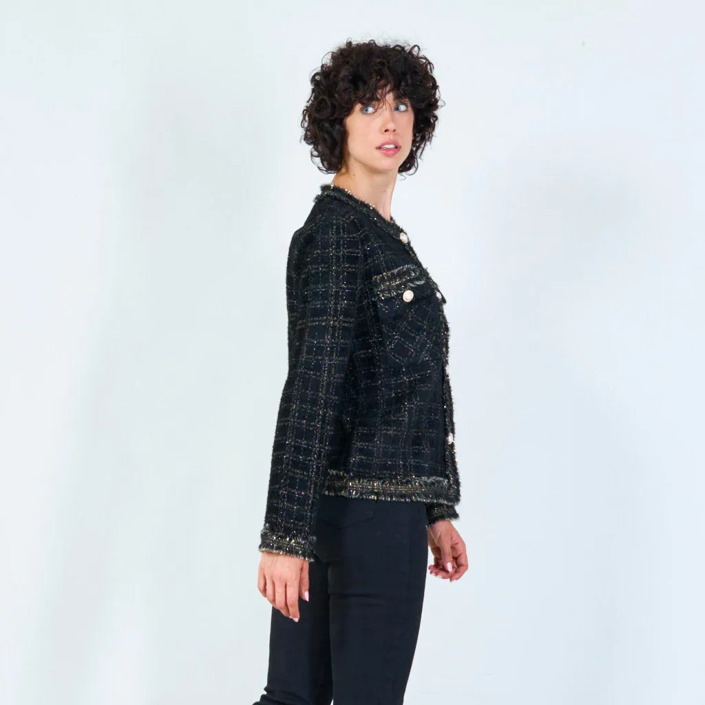 Fringed plaid cardigan with pearl buttons wholesale