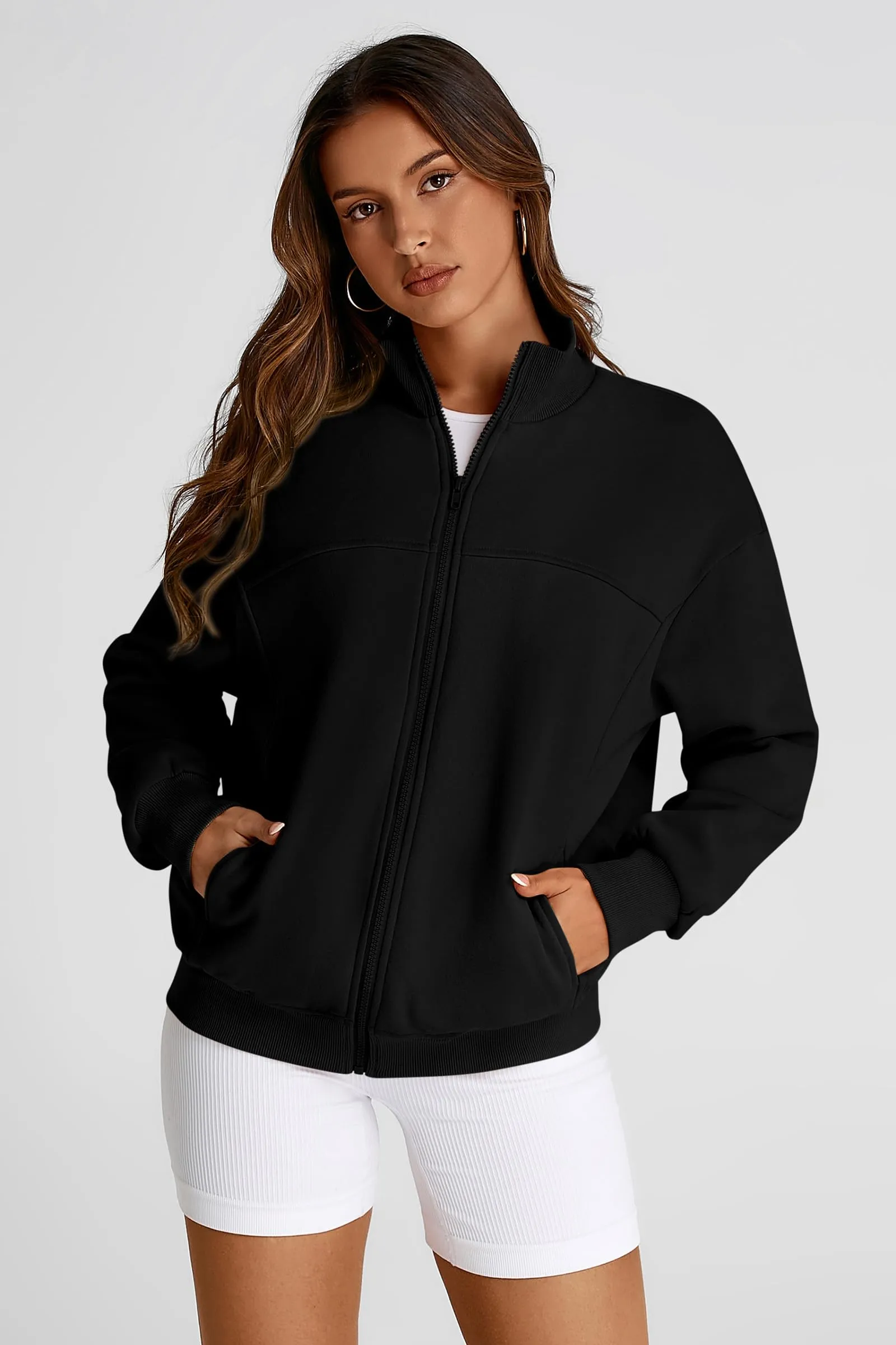 Full Zip Up Long Sleeve Loose Fit Trendy Casual Cardigan with Pockets