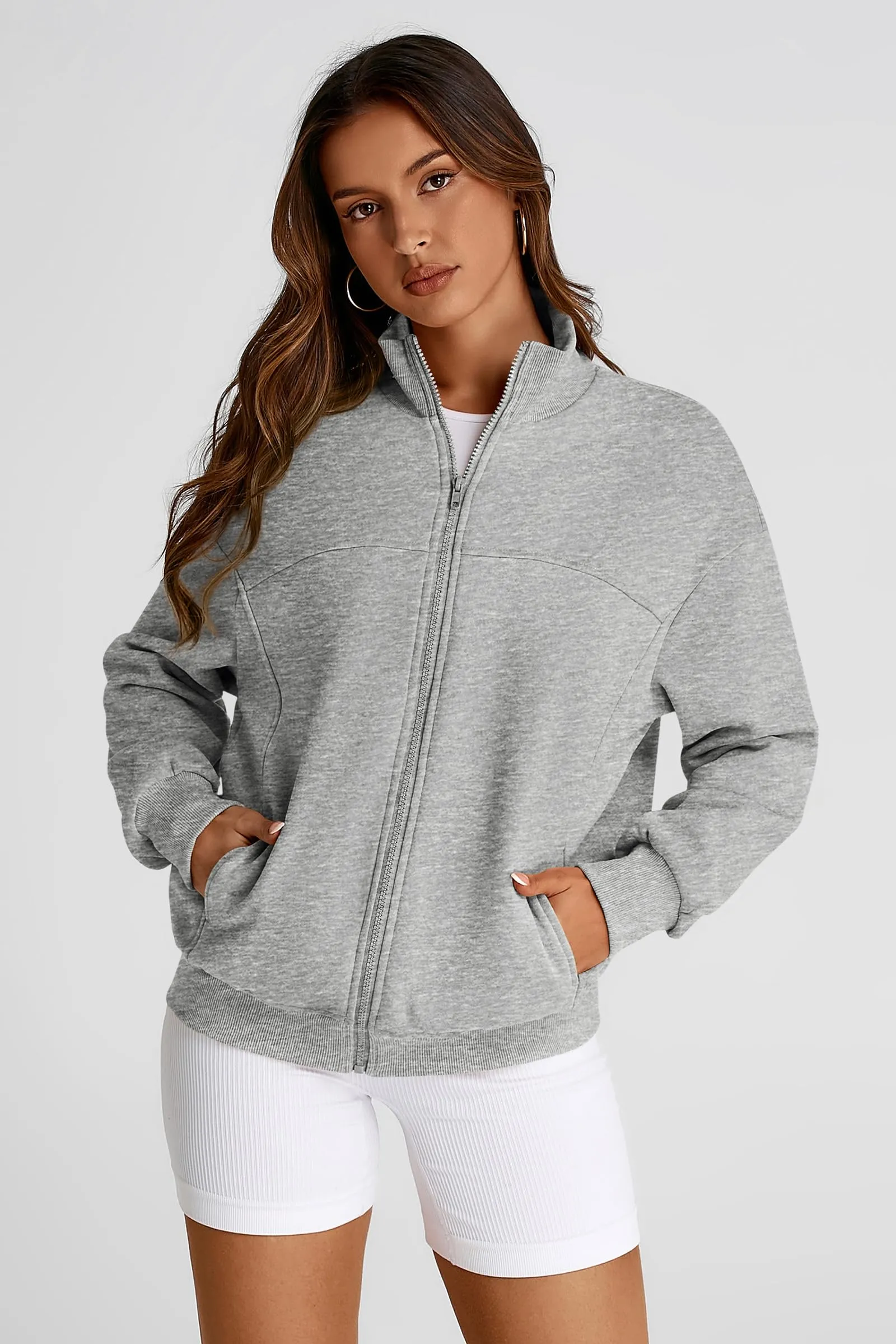 Full Zip Up Long Sleeve Loose Fit Trendy Casual Cardigan with Pockets