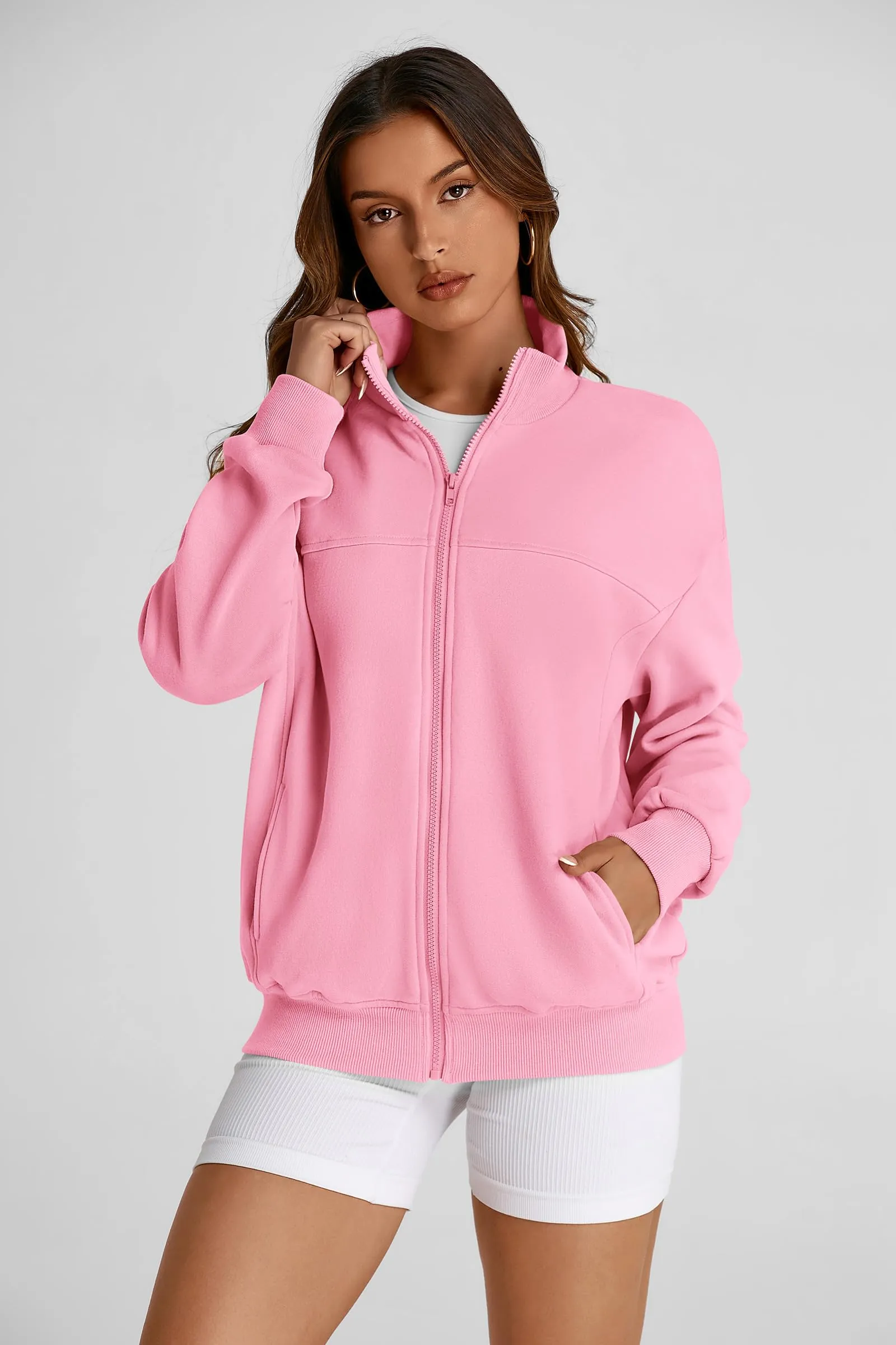 Full Zip Up Long Sleeve Loose Fit Trendy Casual Cardigan with Pockets