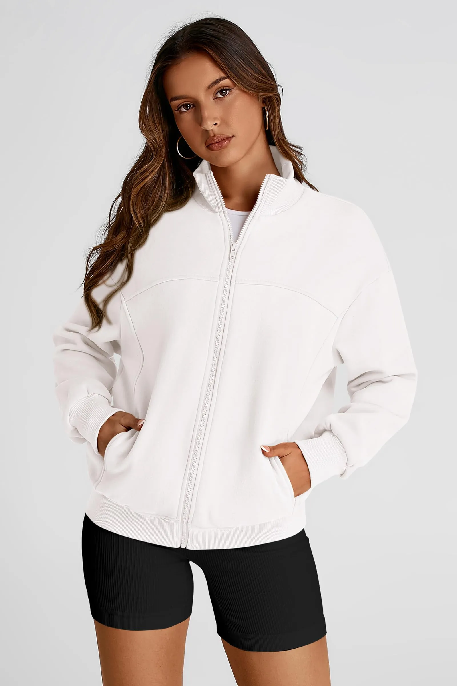 Full Zip Up Long Sleeve Loose Fit Trendy Casual Cardigan with Pockets