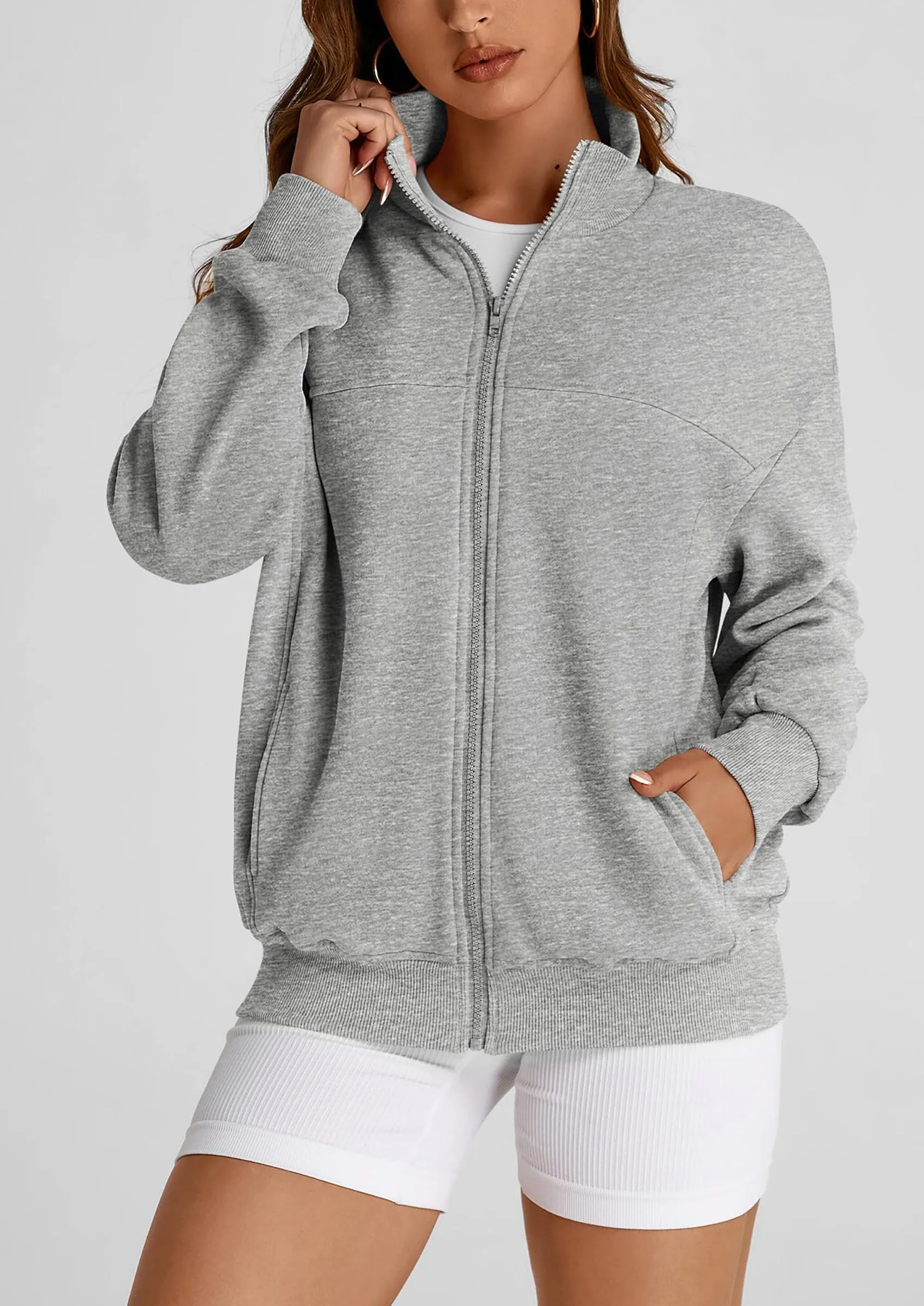 Full Zip Up Long Sleeve Loose Fit Trendy Casual Cardigan with Pockets