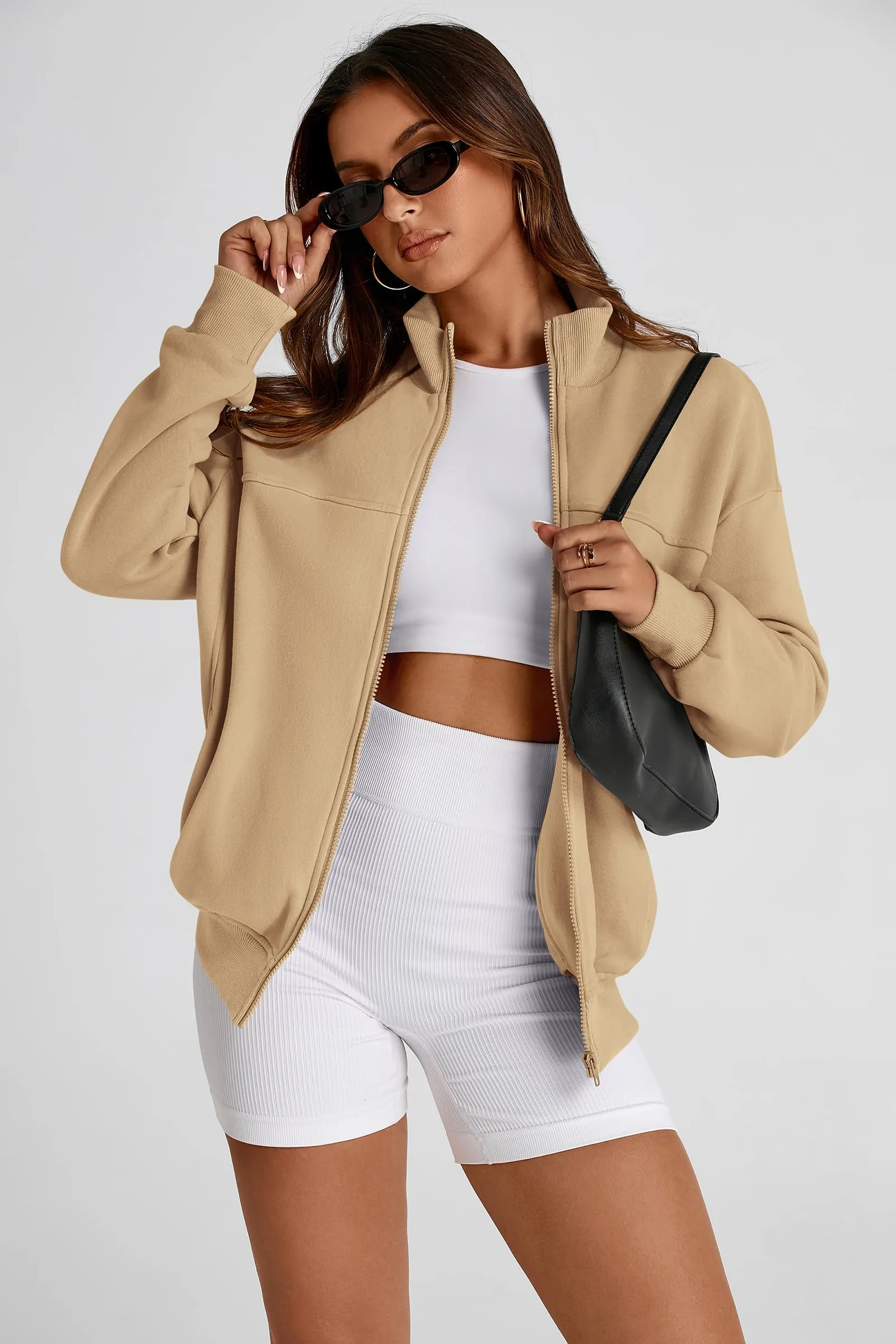 Full Zip Up Long Sleeve Loose Fit Trendy Casual Cardigan with Pockets