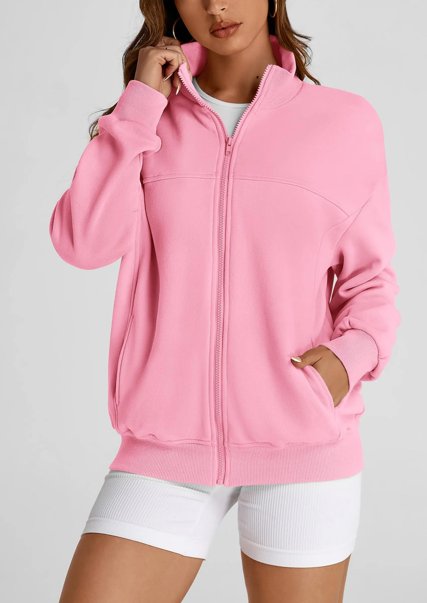 Full Zip Up Long Sleeve Loose Fit Trendy Casual Cardigan with Pockets