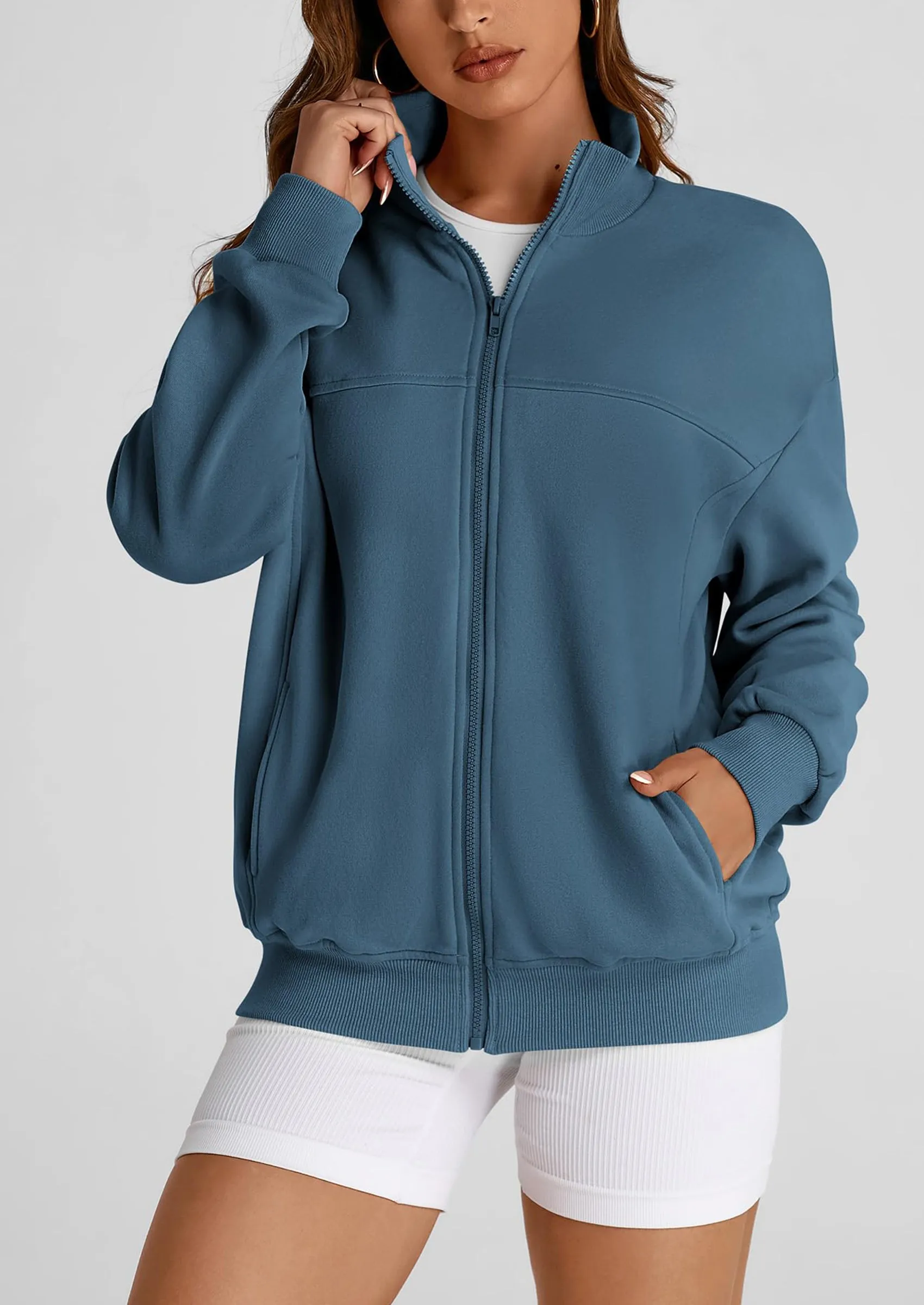 Full Zip Up Long Sleeve Loose Fit Trendy Casual Cardigan with Pockets