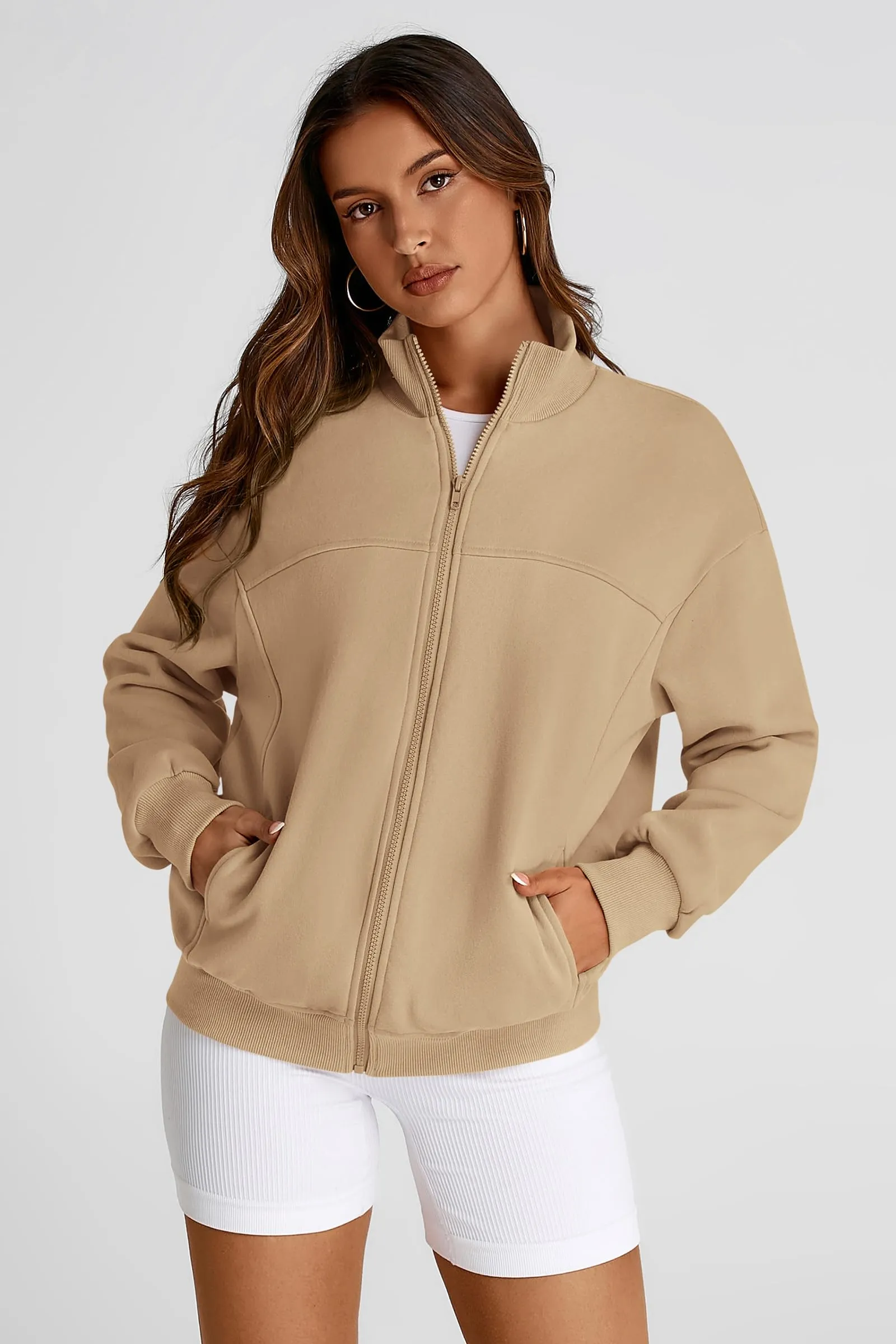 Full Zip Up Long Sleeve Loose Fit Trendy Casual Cardigan with Pockets