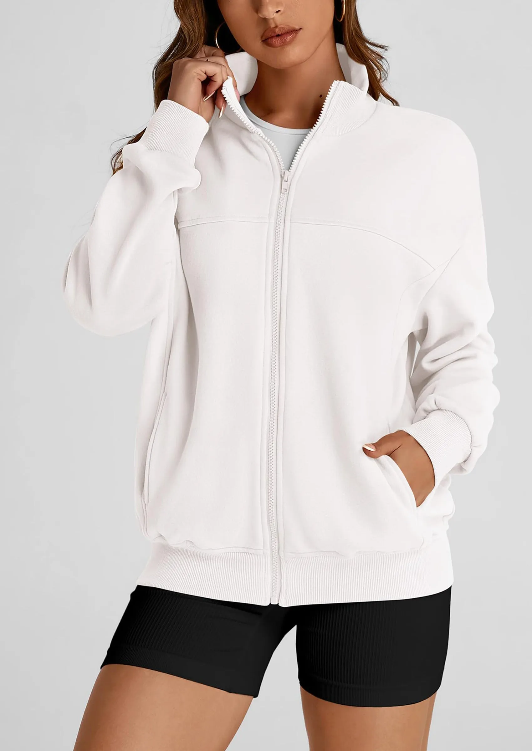 Full Zip Up Long Sleeve Loose Fit Trendy Casual Cardigan with Pockets