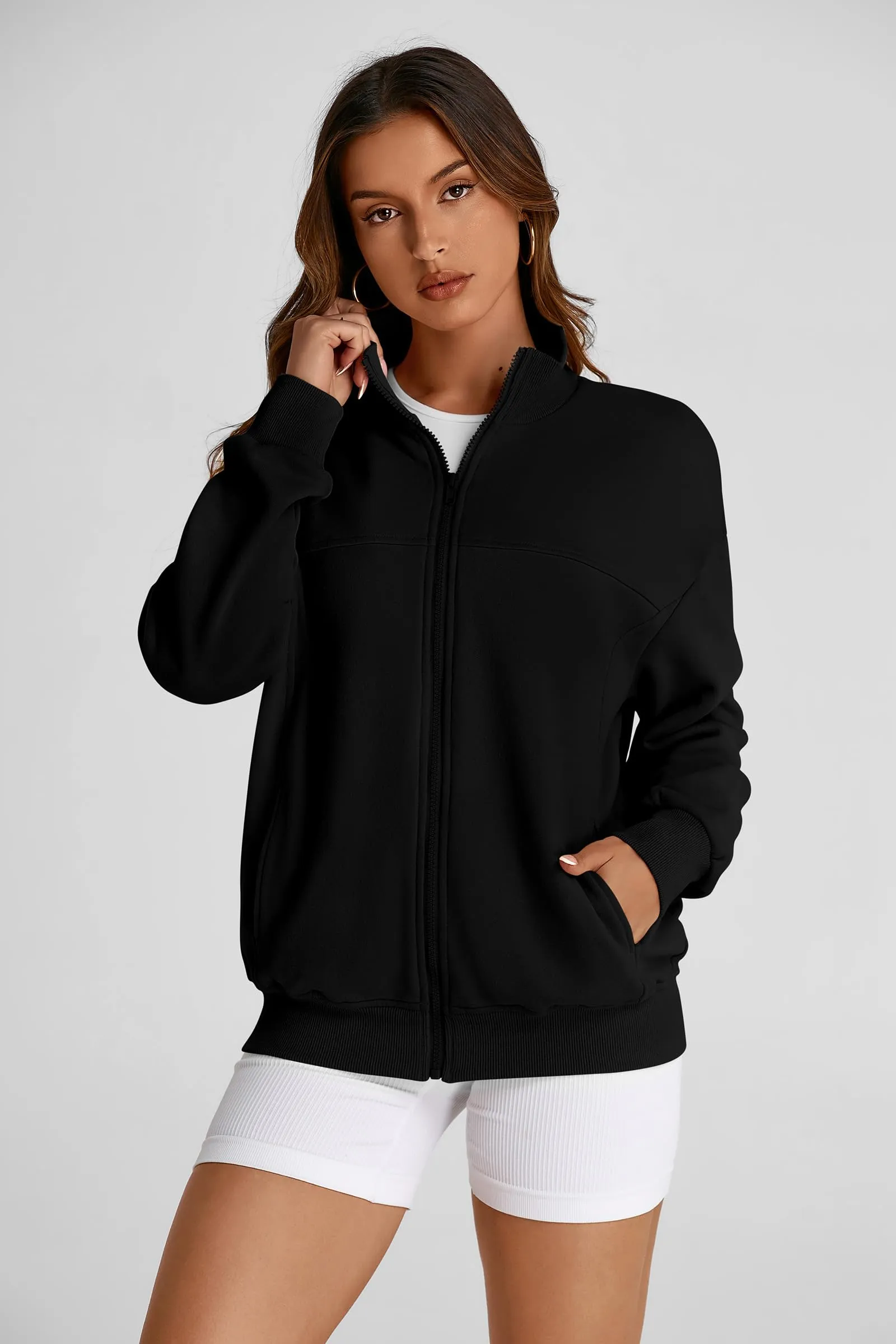 Full Zip Up Long Sleeve Loose Fit Trendy Casual Cardigan with Pockets