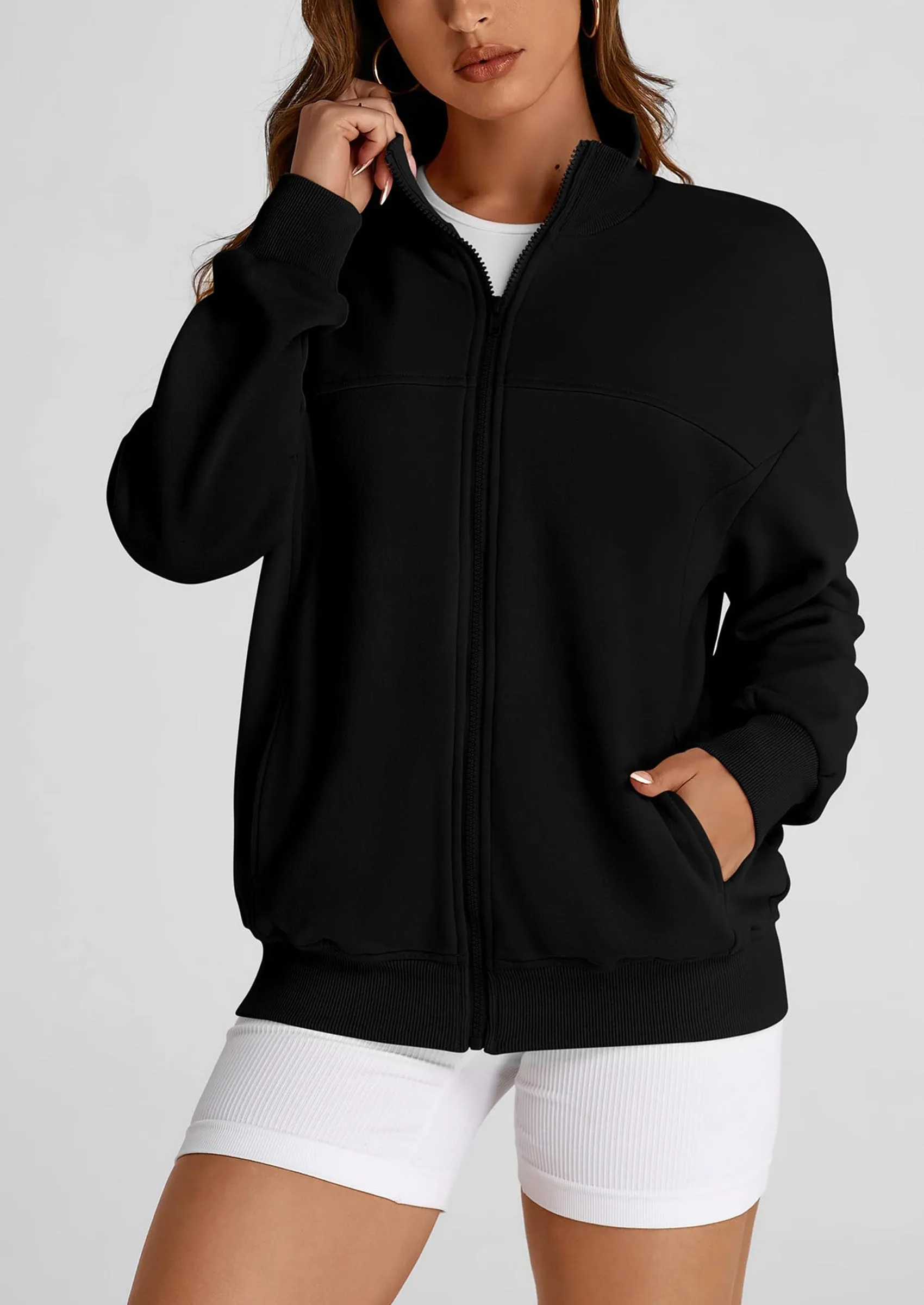 Full Zip Up Long Sleeve Loose Fit Trendy Casual Cardigan with Pockets