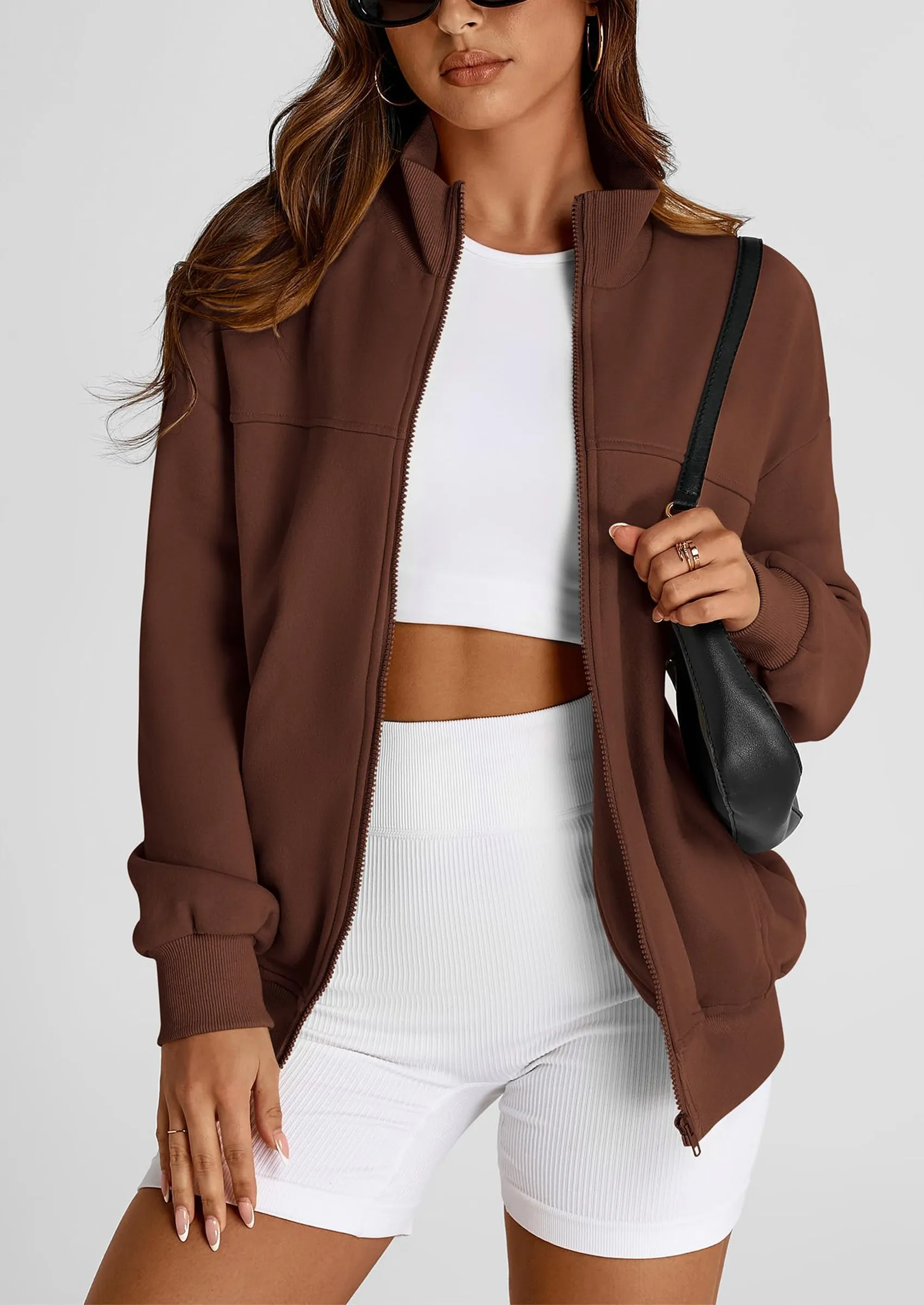 Full Zip Up Long Sleeve Loose Fit Trendy Casual Cardigan with Pockets
