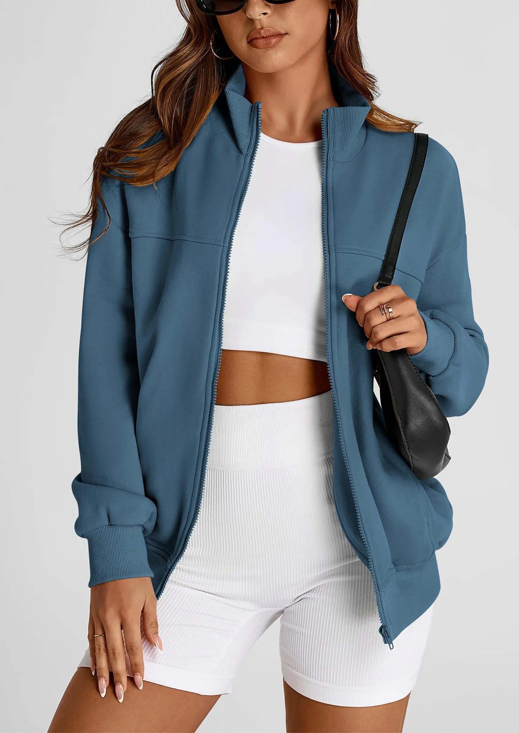 Full Zip Up Long Sleeve Loose Fit Trendy Casual Cardigan with Pockets