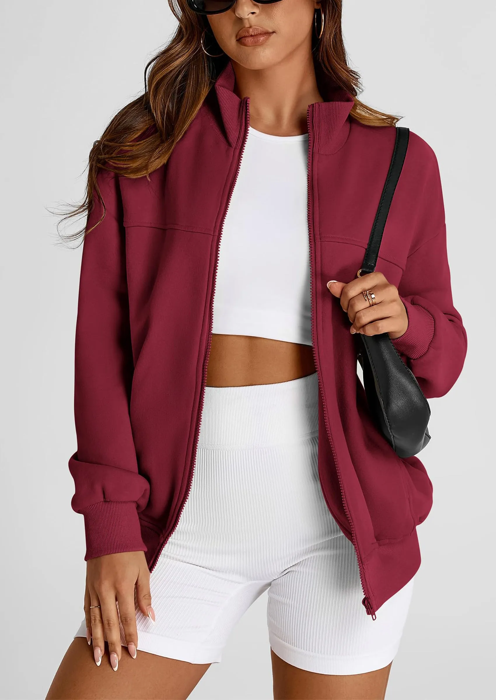 Full Zip Up Long Sleeve Loose Fit Trendy Casual Cardigan with Pockets