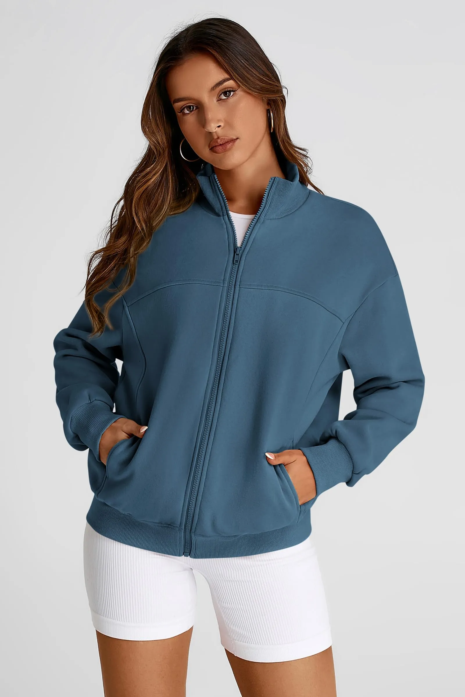 Full Zip Up Long Sleeve Loose Fit Trendy Casual Cardigan with Pockets