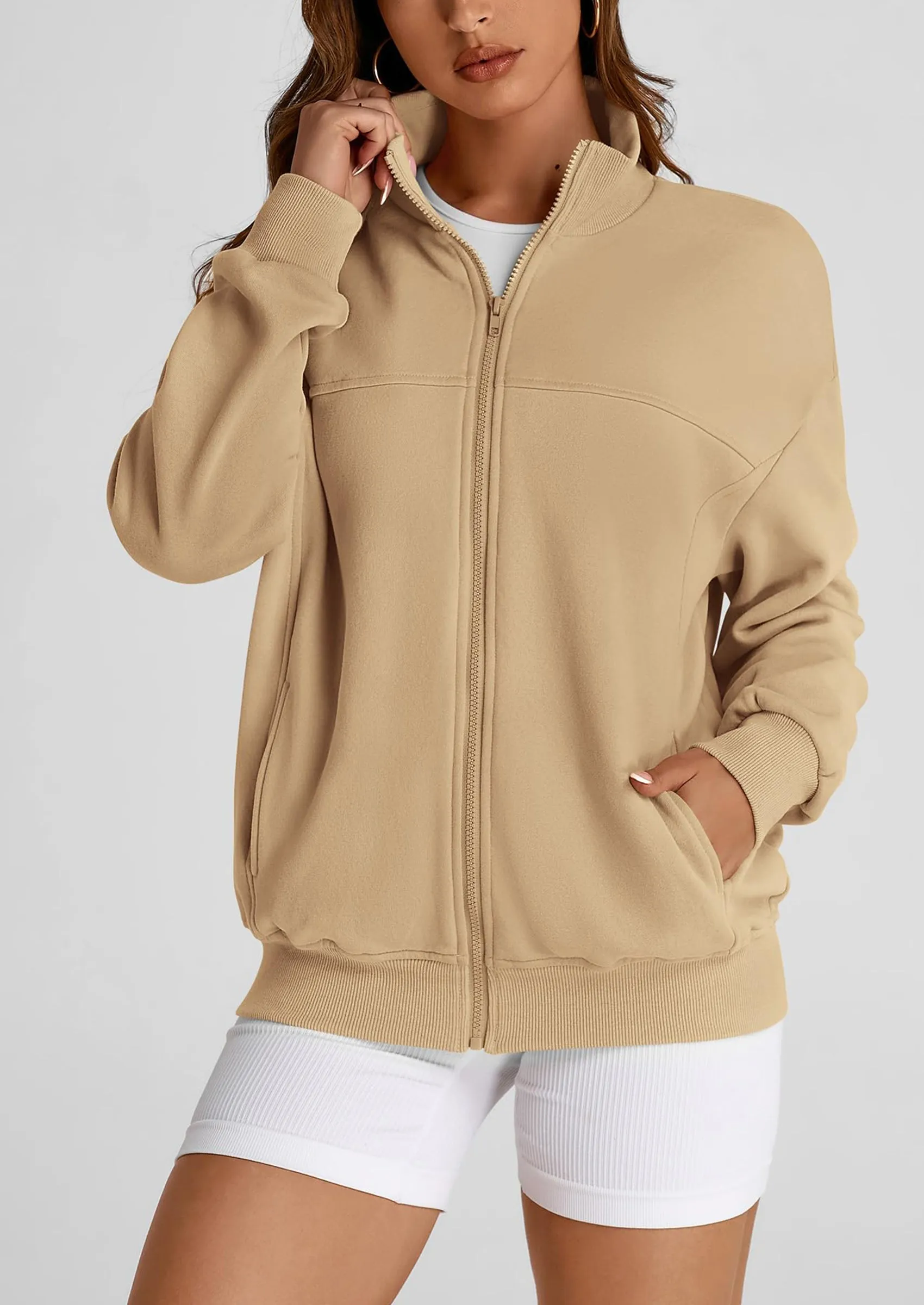 Full Zip Up Long Sleeve Loose Fit Trendy Casual Cardigan with Pockets