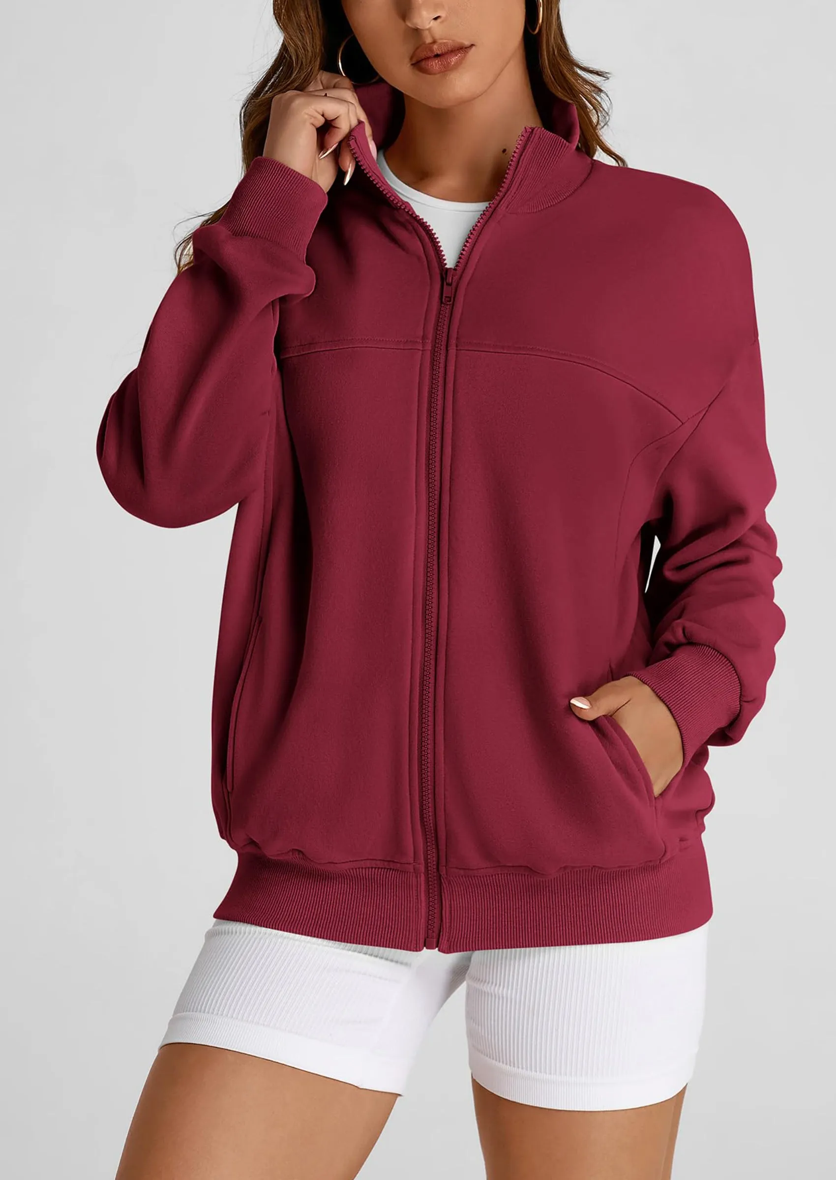 Full Zip Up Long Sleeve Loose Fit Trendy Casual Cardigan with Pockets