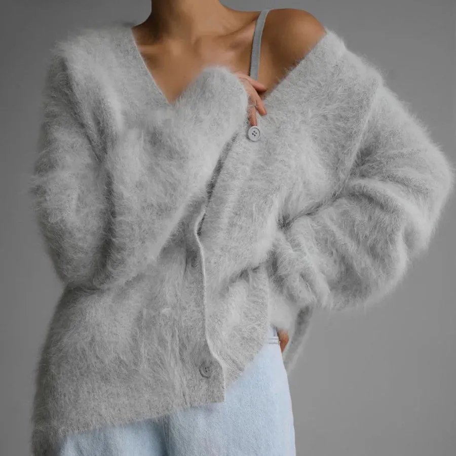 Girlary Elegant Mohair Knitted Cardigans Loose O Neck Single Breasted Long Sleeve Sweater Fall Clothes 2024 Women Pink Cardigan Luxury