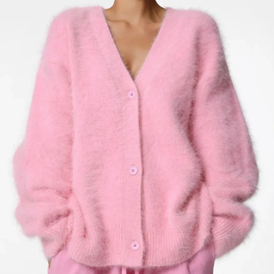 Girlary Elegant Mohair Knitted Cardigans Loose O Neck Single Breasted Long Sleeve Sweater Fall Clothes 2024 Women Pink Cardigan Luxury