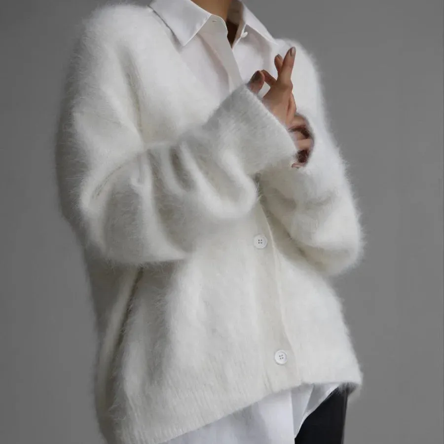 Girlary Elegant Mohair Knitted Cardigans Loose O Neck Single Breasted Long Sleeve Sweater Fall Clothes 2024 Women Pink Cardigan Luxury