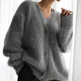 Girlary Elegant Mohair Knitted Cardigans Loose O Neck Single Breasted Long Sleeve Sweater Fall Clothes 2024 Women Pink Cardigan Luxury