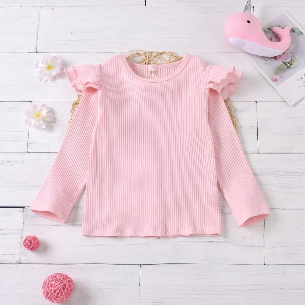 Girls Solid Color Long Sleeve Ruffle Top Girl T Shirts Wholesale