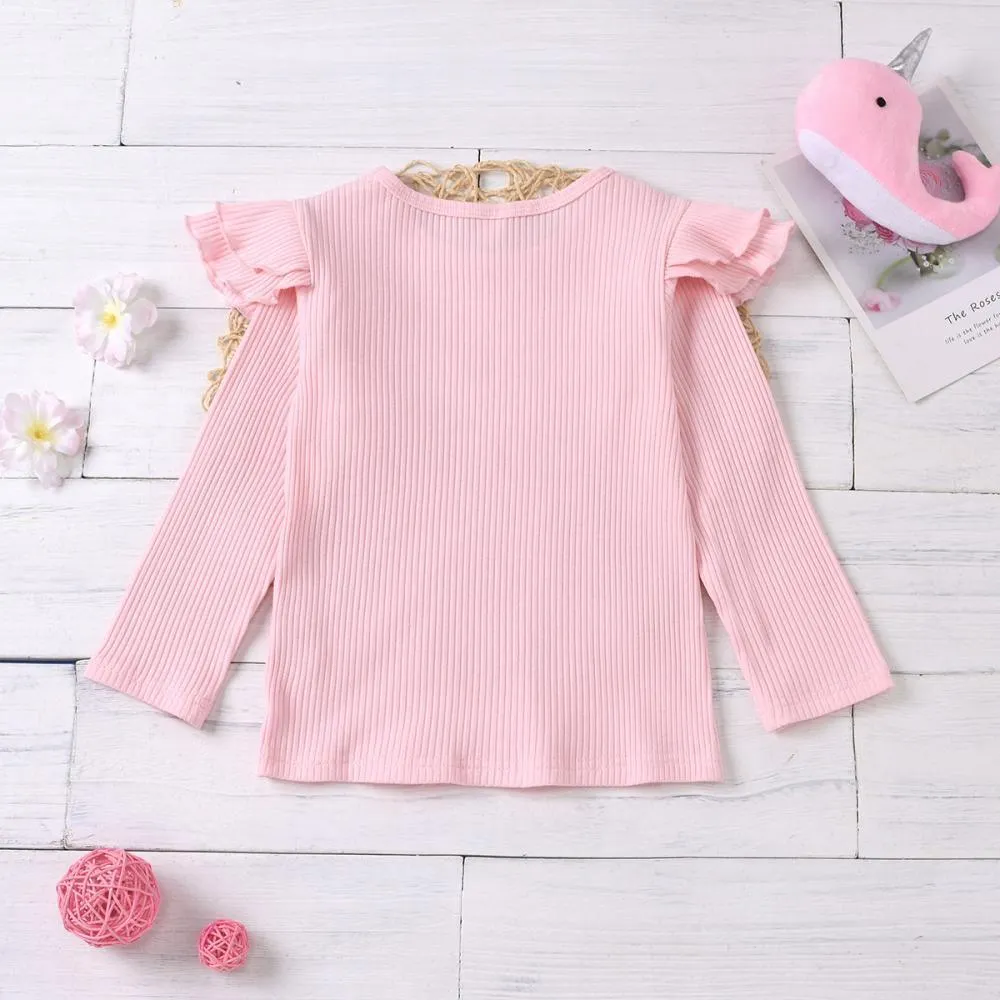Girls Solid Color Long Sleeve Ruffle Top Girl T Shirts Wholesale