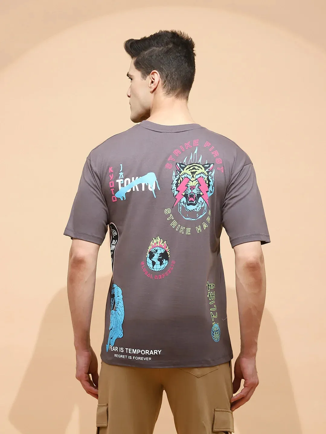 Grey Cotton Regular Fit T-Shirt For Men