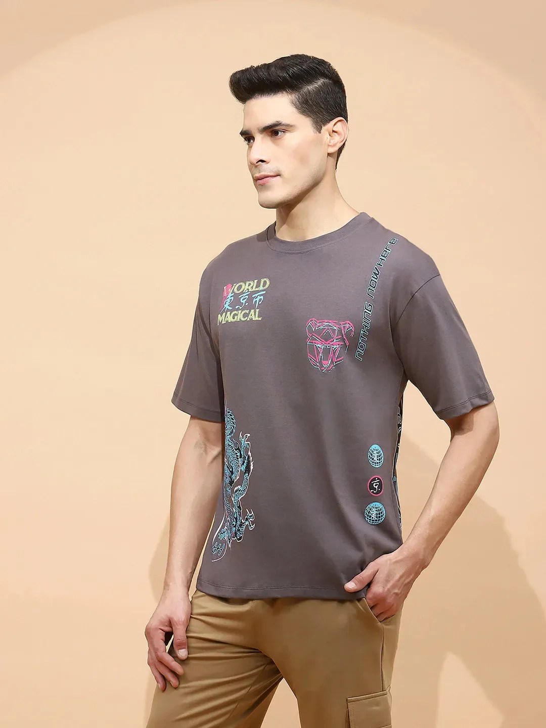 Grey Cotton Regular Fit T-Shirt For Men