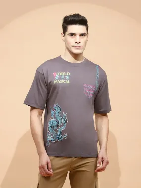Grey Cotton Regular Fit T-Shirt For Men