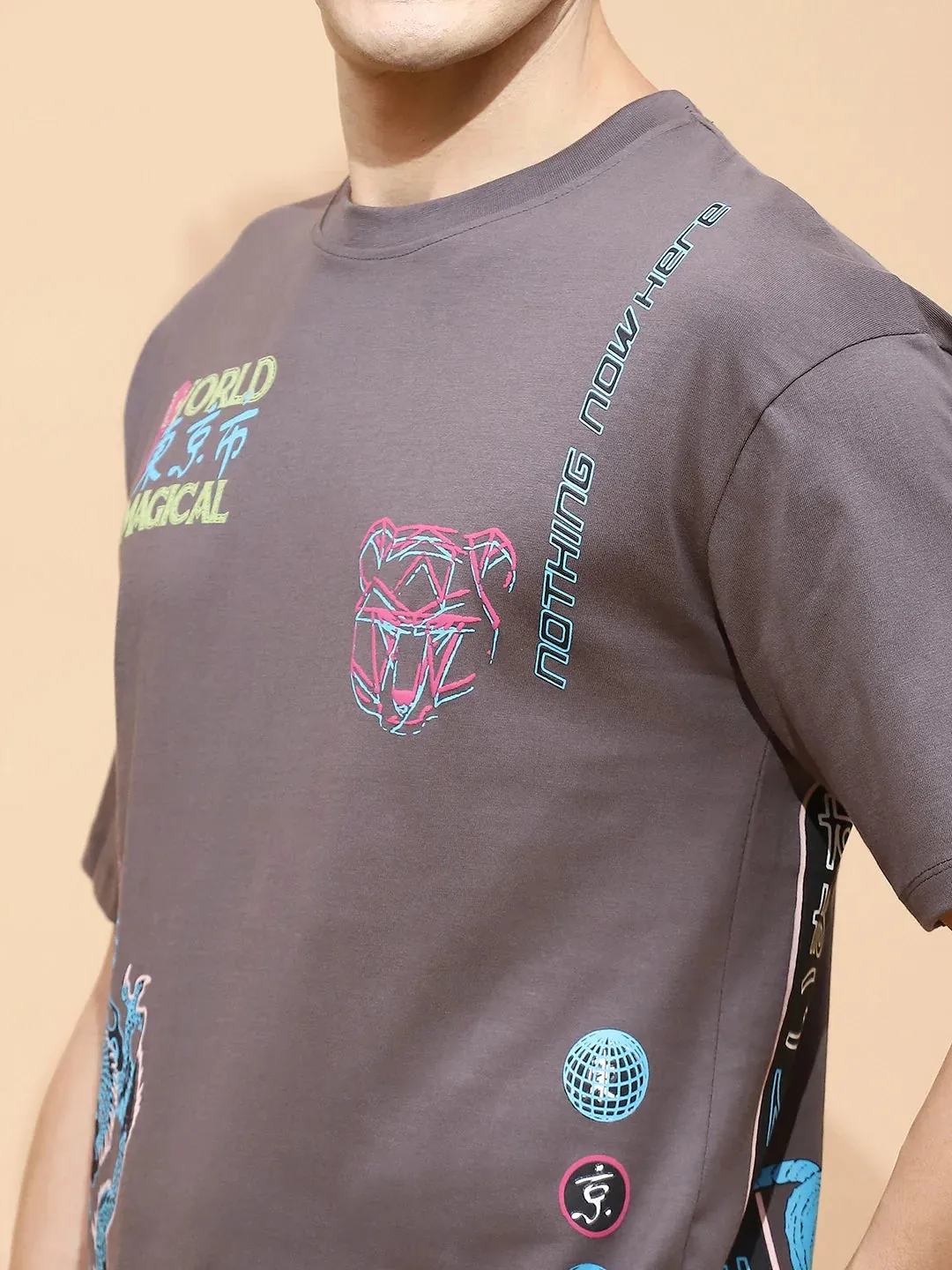 Grey Cotton Regular Fit T-Shirt For Men