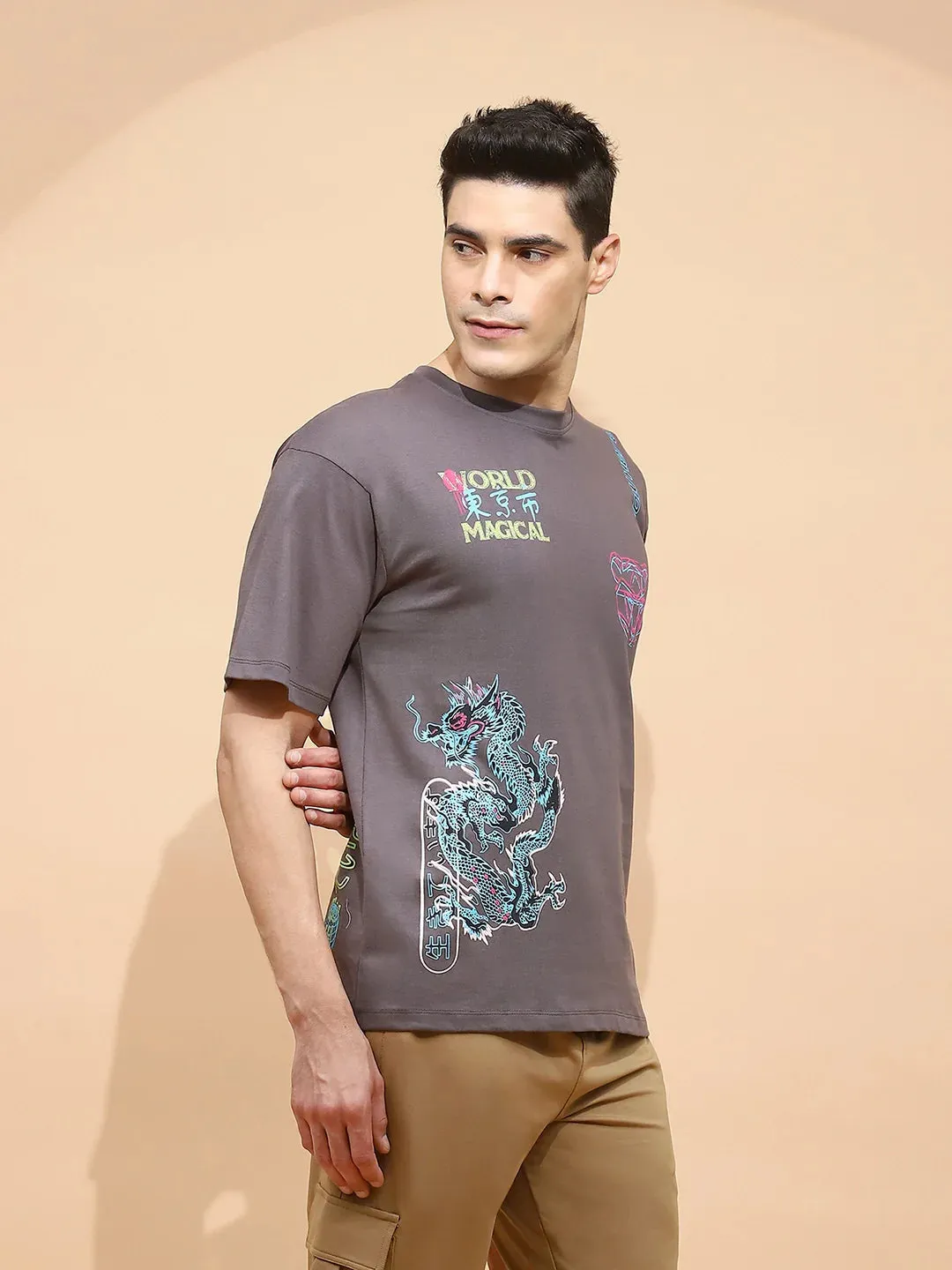 Grey Cotton Regular Fit T-Shirt For Men