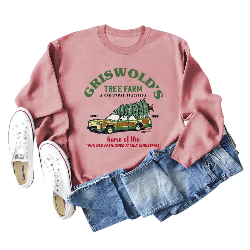 GRISWOLD'S TREE FARM Letter Christmas Loose Sweater Long Sleeve Woman