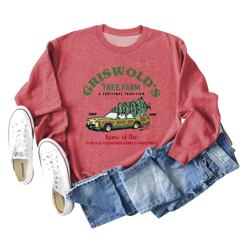 GRISWOLD'S TREE FARM Letter Christmas Loose Sweater Long Sleeve Woman