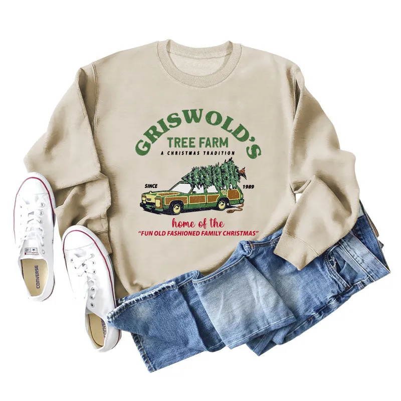 GRISWOLD'S TREE FARM Letter Christmas Loose Sweater Long Sleeve Woman